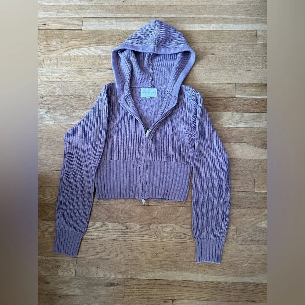 ✨ Sage‎ + Stone Lilac Cropped Hoodie Knit Sweater Zip Cozy Women Small✨
